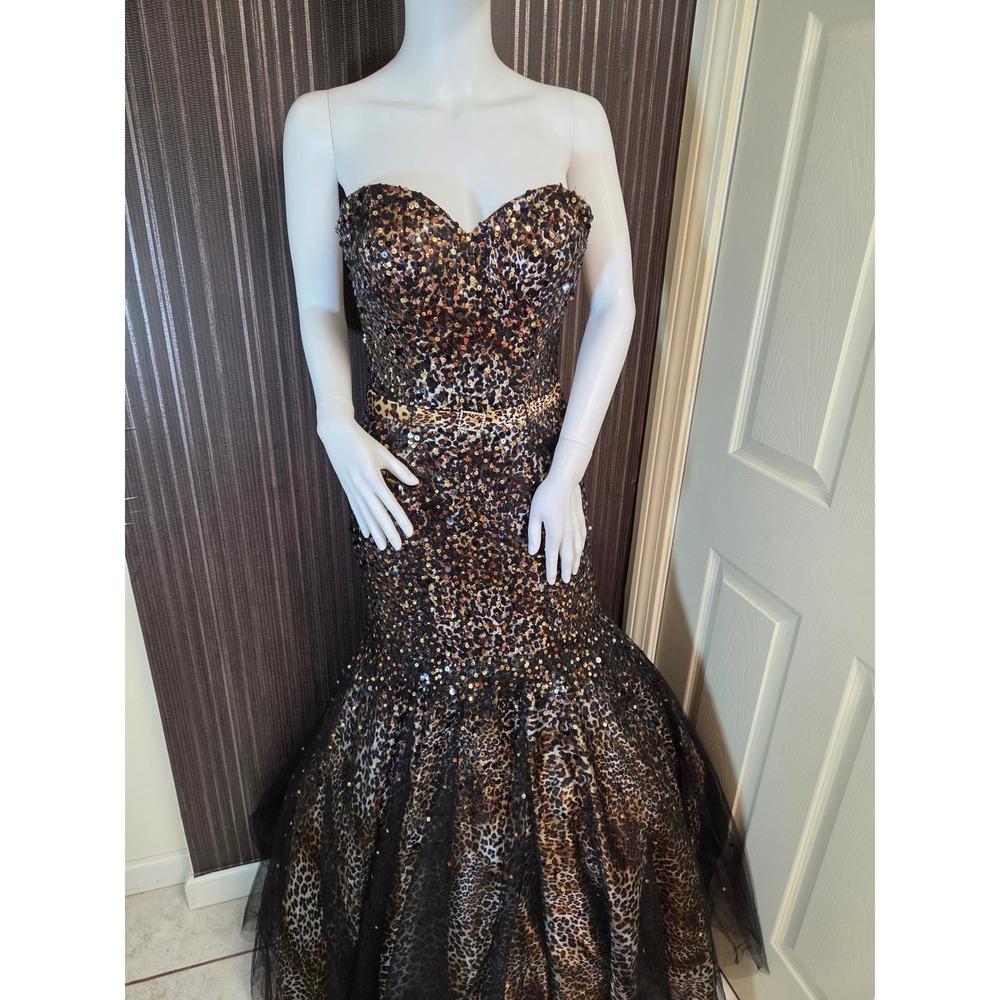 VINTAGE Tony Bowls Paris Leopard Mermaid Gown Strapless Formal Dress Size 2